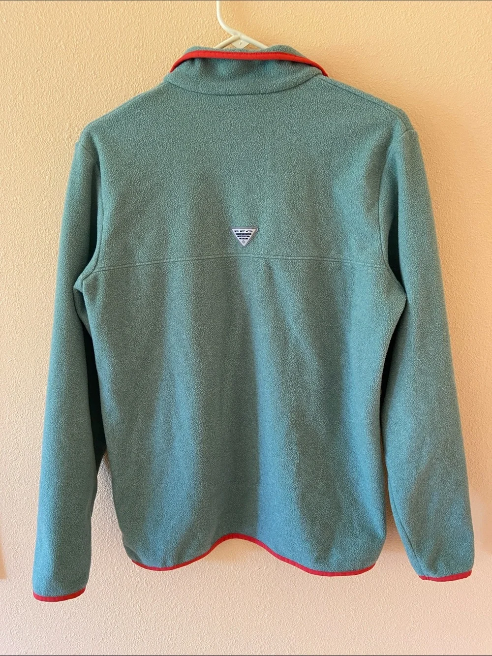 Mens Columbia PFG Fleece, Green and Red Pullover, Size Large